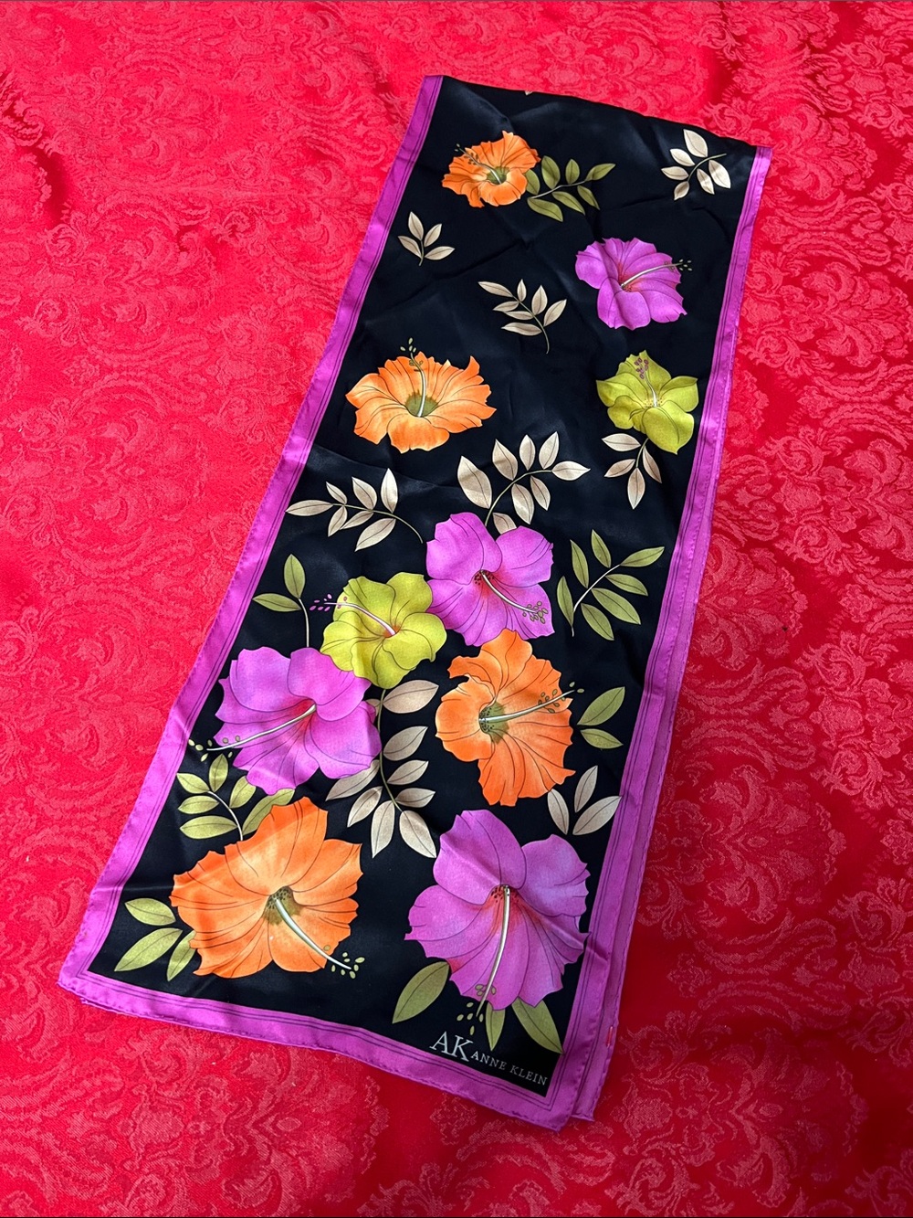 Anne Klein AK Floral Oblong Scarf Black Purple Orange Green 52" Long